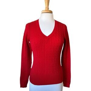 Vintage Y2K Preppy Tommy Hilfiger Red Cable Knit V-Neck Sweater Women's M